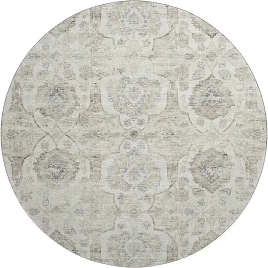 8' Linen And Ivory Floral Medallion Washable Round Rug With UV Protection Photo 2