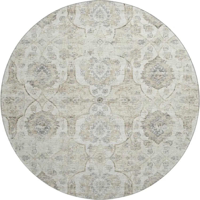 8' Linen And Ivory Floral Medallion Washable Round Rug With UV Protection Photo 2