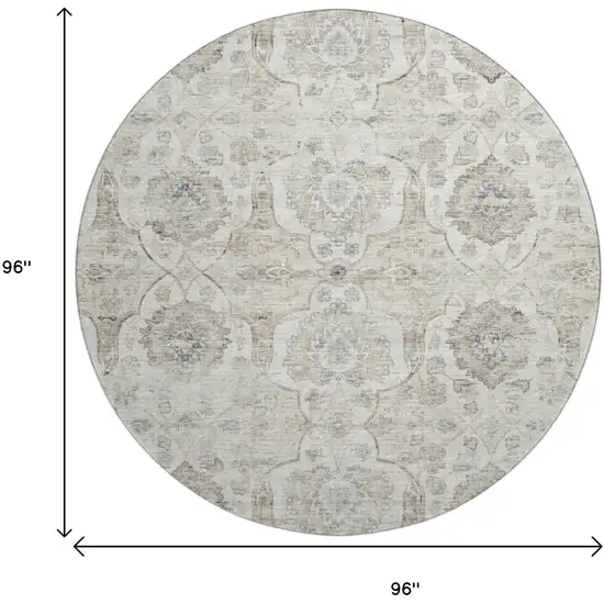 8' Linen And Ivory Floral Medallion Washable Round Rug With UV Protection Photo 4