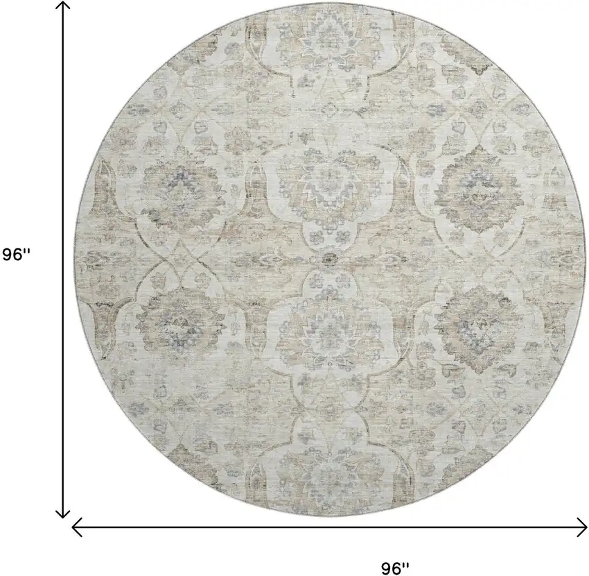 8' Linen And Ivory Floral Medallion Washable Round Rug With UV Protection Photo 4