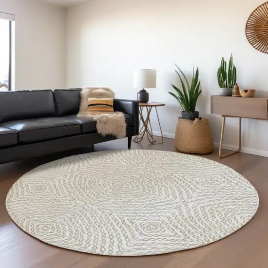 8' Linen And Ivory Geometric Washable Round Rug With UV Protection Photo 4