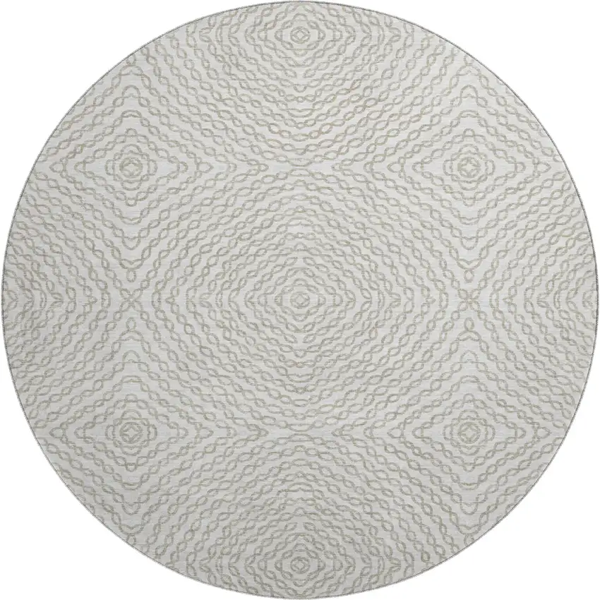 8' Linen And Ivory Geometric Washable Round Rug With UV Protection Photo 2