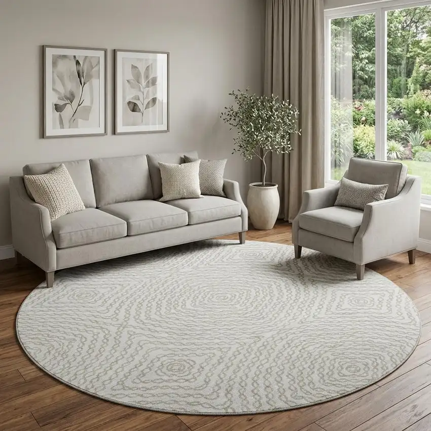 8' Linen And Ivory Geometric Washable Round Rug With UV Protection Photo 1