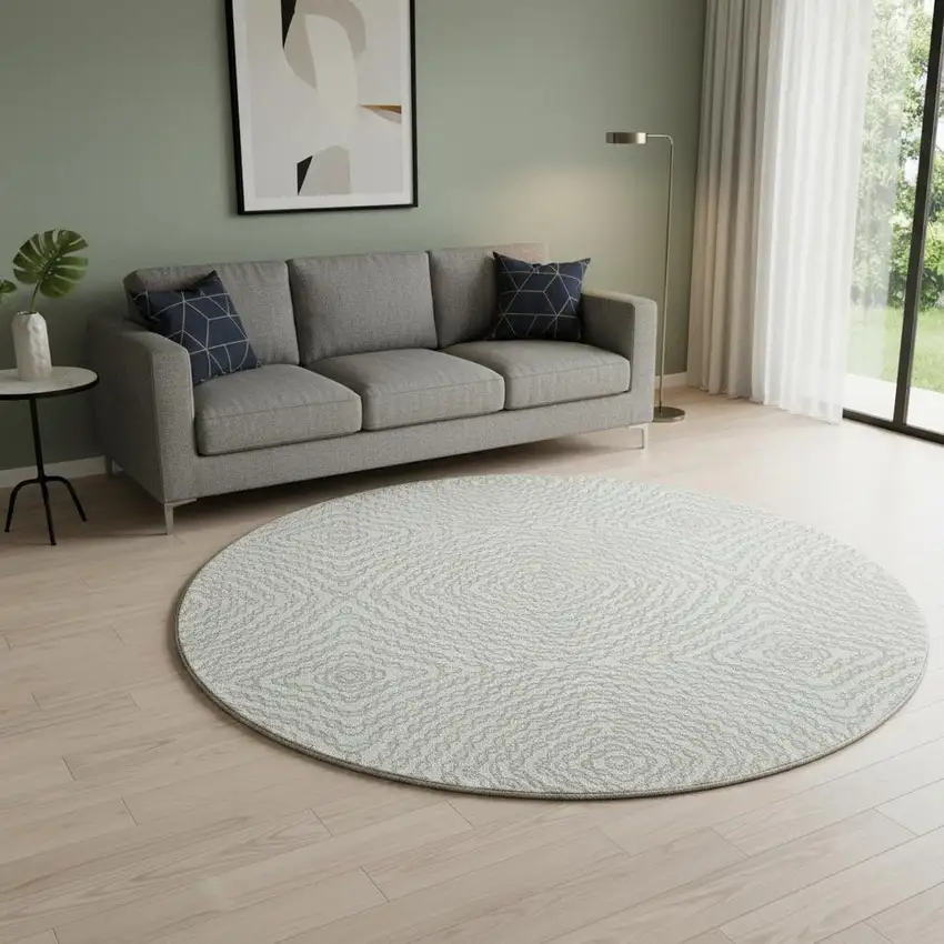 8' Linen And Ivory Geometric Washable Round Rug With UV Protection Photo 1