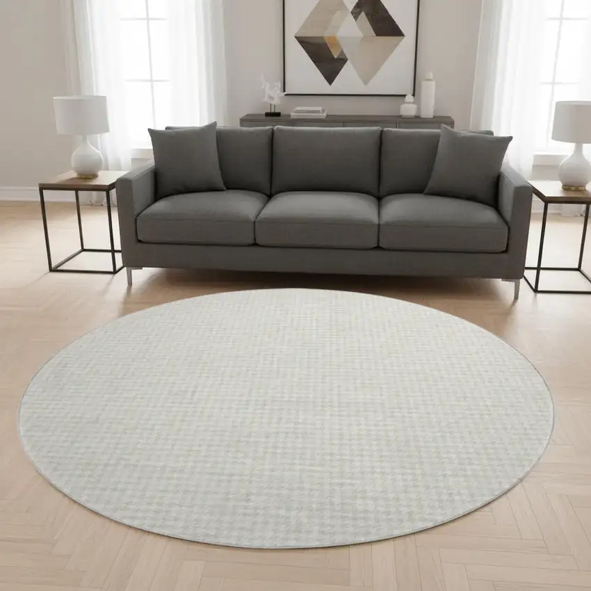 8' Linen And Ivory Houndstooth Washable Round Rug With UV Protection Photo 1