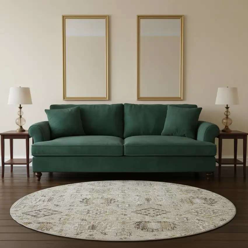 8' Linen And Ivory Oriental Washable Round Rug With UV Protection Photo 2