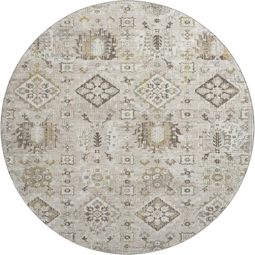 8' Linen And Ivory Oriental Washable Round Rug With UV Protection Photo 1