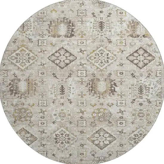 8' Linen And Ivory Oriental Washable Round Rug With UV Protection Photo 4