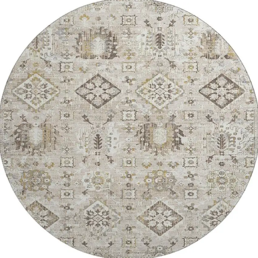 8' Linen And Ivory Oriental Washable Round Rug With UV Protection Photo 4