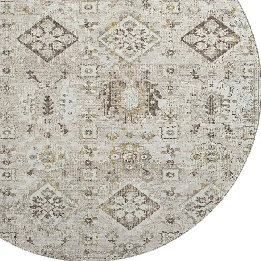 8' Linen And Ivory Oriental Washable Round Rug With UV Protection Photo 3