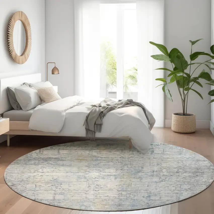 8' Linen And Ivory Round Abstract Washable Indoor Outdoor Area Rug Photo 6