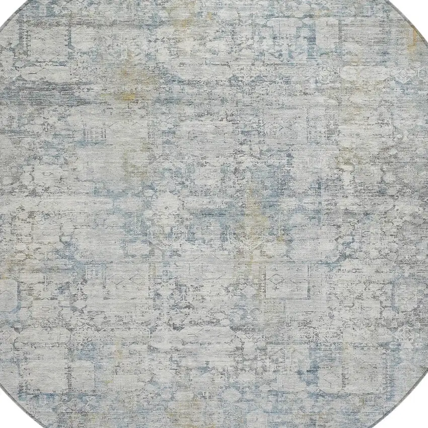 8' Linen And Ivory Round Abstract Washable Indoor Outdoor Area Rug Photo 8