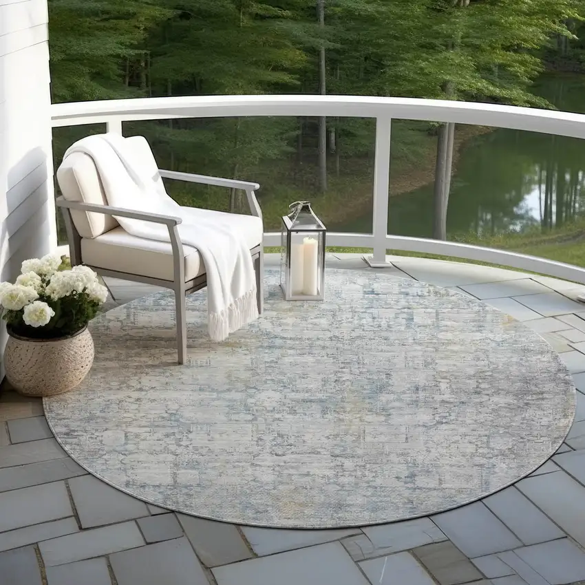 8' Linen And Ivory Round Abstract Washable Indoor Outdoor Area Rug Photo 5