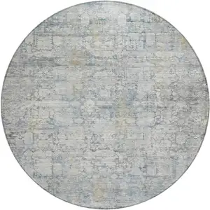 Photo of 8' Linen And Ivory Round Abstract Washable Indoor Outdoor Area Rug