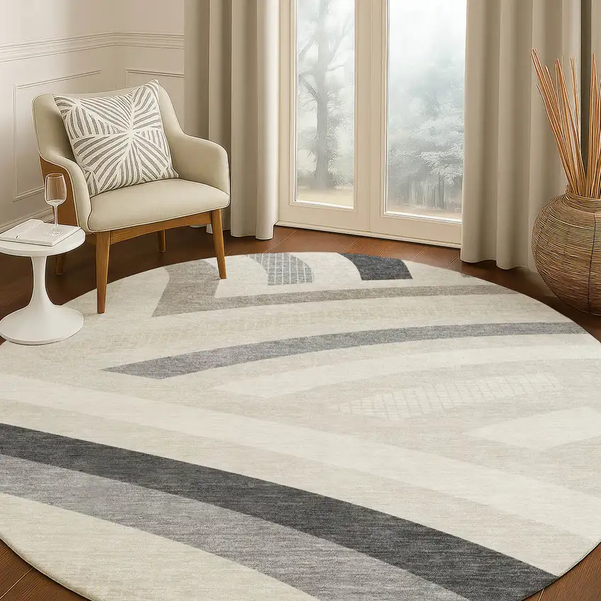 8' Linen And Ivory Round Abstract Washable Indoor Outdoor Area Rug Photo 4