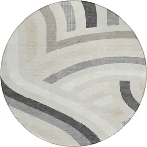 Photo of 8' Linen And Ivory Round Abstract Washable Indoor Outdoor Area Rug