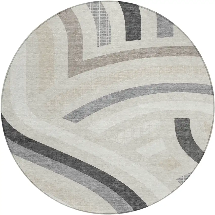 8' Linen And Ivory Round Abstract Washable Indoor Outdoor Area Rug Photo 1