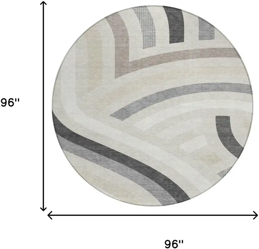 8' Linen And Ivory Round Abstract Washable Indoor Outdoor Area Rug Photo 7
