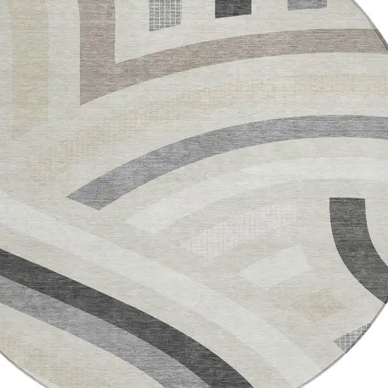 8' Linen And Ivory Round Abstract Washable Indoor Outdoor Area Rug Photo 2
