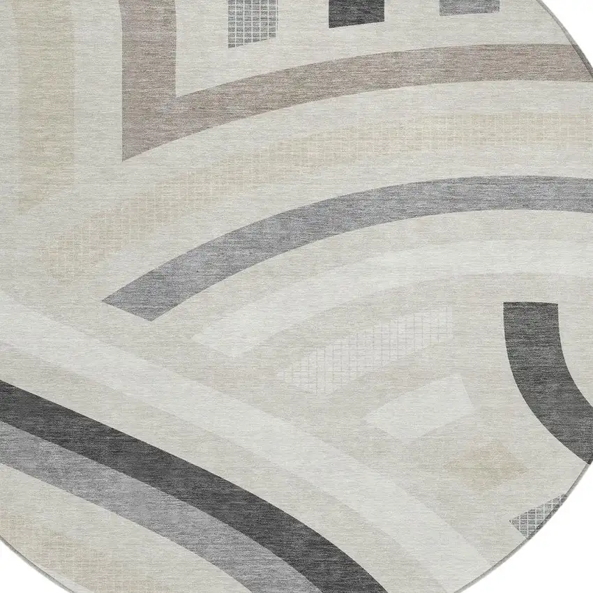 8' Linen And Ivory Round Abstract Washable Indoor Outdoor Area Rug Photo 2