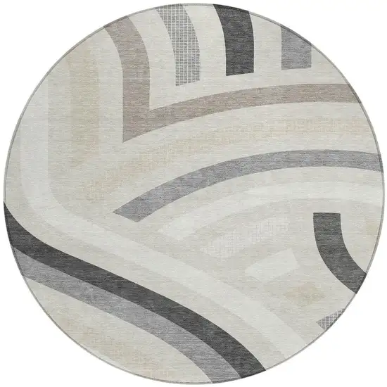8' Linen And Ivory Round Abstract Washable Indoor Outdoor Area Rug Photo 3