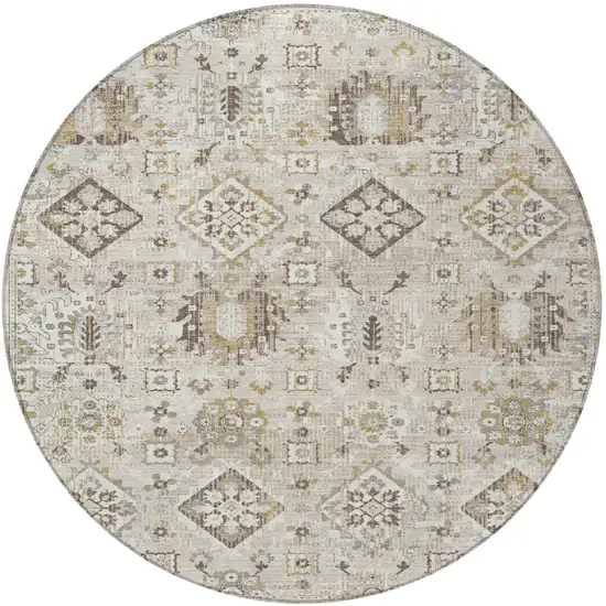 8' Linen And Ivory Round Floral Medallion Washable Indoor Outdoor Area Rug Photo 3