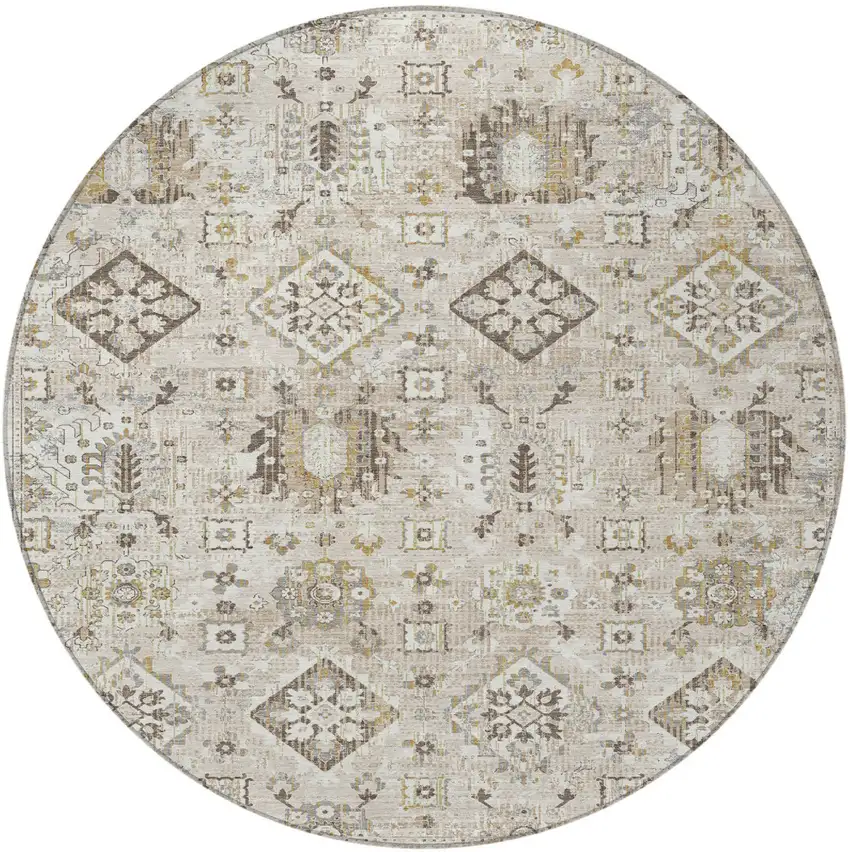 8' Linen And Ivory Round Floral Medallion Washable Indoor Outdoor Area Rug Photo 3