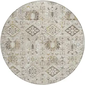 Photo of 8' Linen And Ivory Round Floral Medallion Washable Indoor Outdoor Area Rug