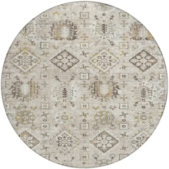 8' Linen And Ivory Round Floral Medallion Washable Indoor Outdoor Area Rug Photo 1