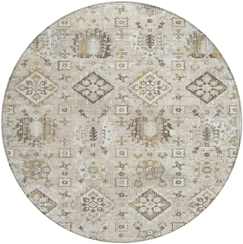 8' Linen And Ivory Round Floral Medallion Washable Indoor Outdoor Area Rug Photo 1