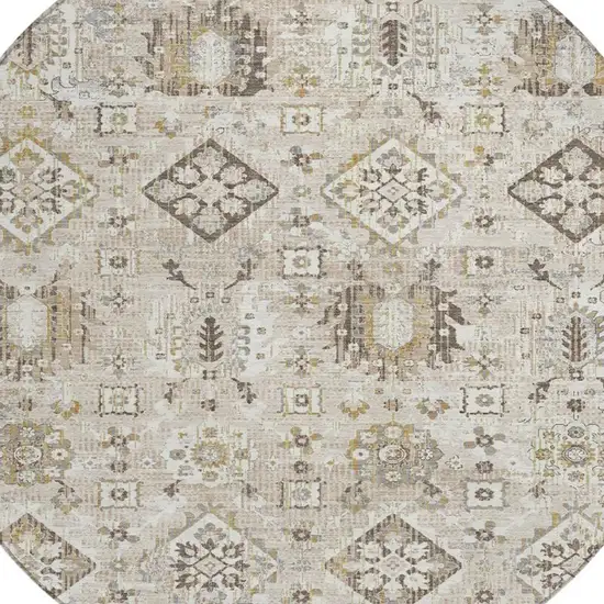 8' Linen And Ivory Round Floral Medallion Washable Indoor Outdoor Area Rug Photo 8