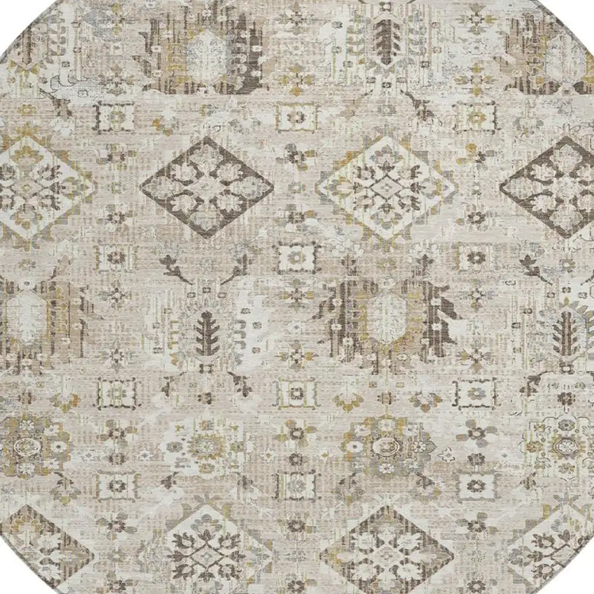 8' Linen And Ivory Round Floral Medallion Washable Indoor Outdoor Area Rug Photo 8