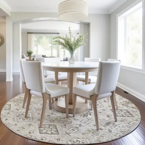 8' Linen And Ivory Round Floral Medallion Washable Indoor Outdoor Area Rug Photo 6