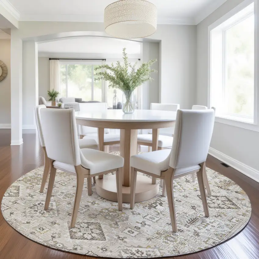 8' Linen And Ivory Round Floral Medallion Washable Indoor Outdoor Area Rug Photo 6