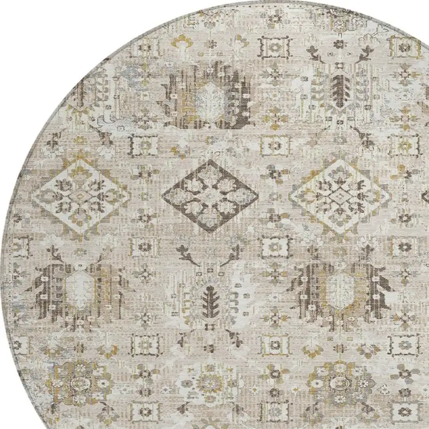 8' Linen And Ivory Round Floral Medallion Washable Indoor Outdoor Area Rug Photo 4