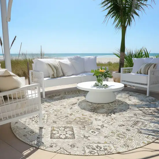 8' Linen And Ivory Round Floral Medallion Washable Indoor Outdoor Area Rug Photo 5