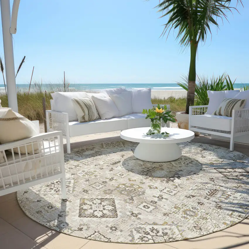 8' Linen And Ivory Round Floral Medallion Washable Indoor Outdoor Area Rug Photo 5