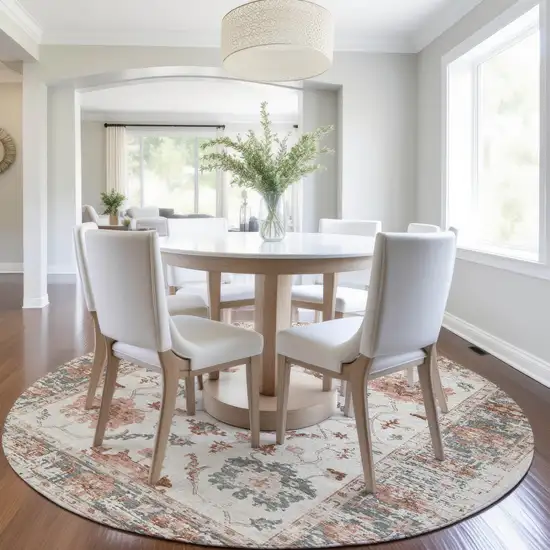 8' Linen And Ivory Round Floral Washable Indoor Outdoor Area Rug Photo 6