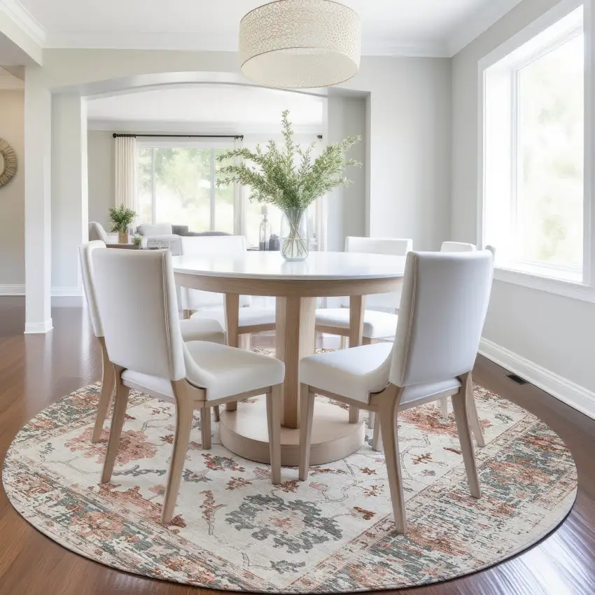 8' Linen And Ivory Round Floral Washable Indoor Outdoor Area Rug Photo 6