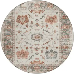 Photo of 8' Linen And Ivory Round Floral Washable Indoor Outdoor Area Rug