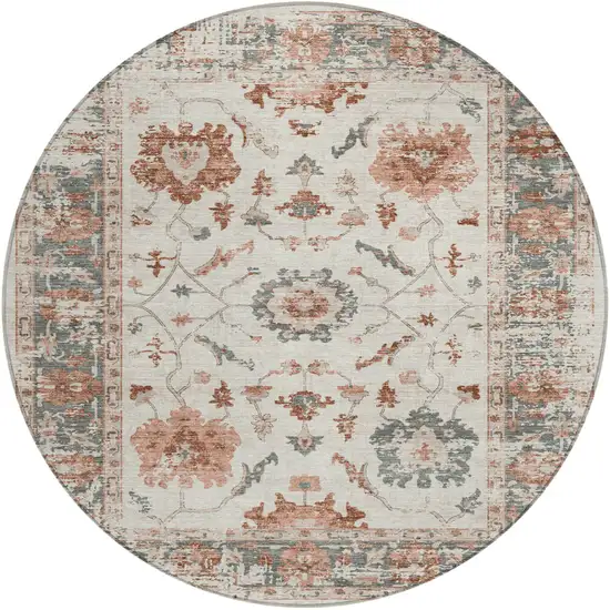 8' Linen And Ivory Round Floral Washable Indoor Outdoor Area Rug Photo 1