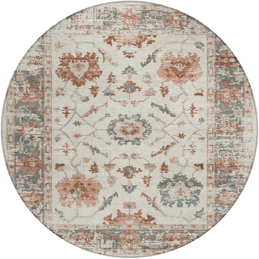 8' Linen And Ivory Round Floral Washable Indoor Outdoor Area Rug Photo 1