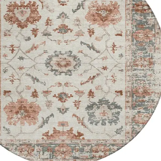 8' Linen And Ivory Round Floral Washable Indoor Outdoor Area Rug Photo 7
