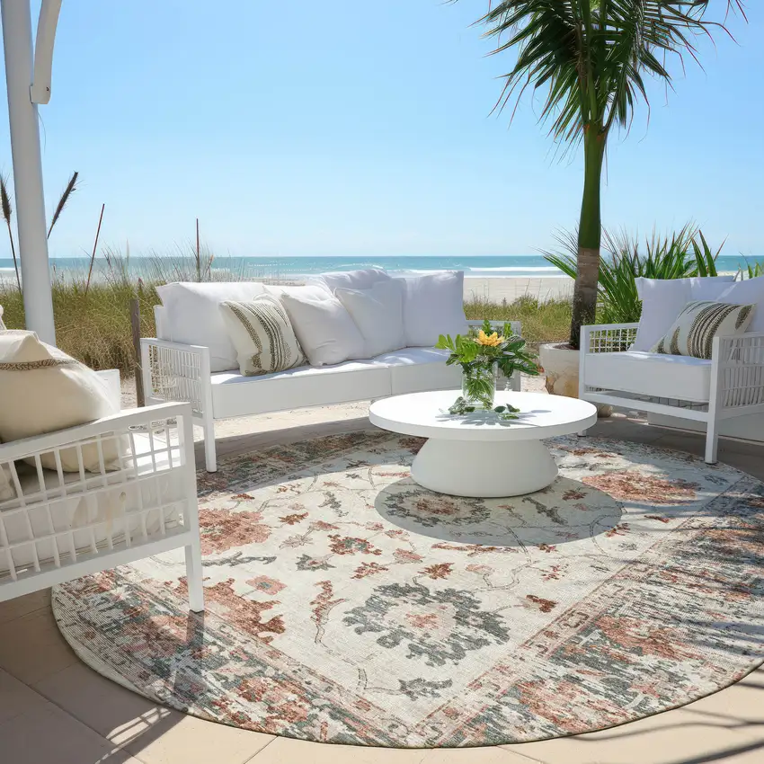 8' Linen And Ivory Round Floral Washable Indoor Outdoor Area Rug Photo 5