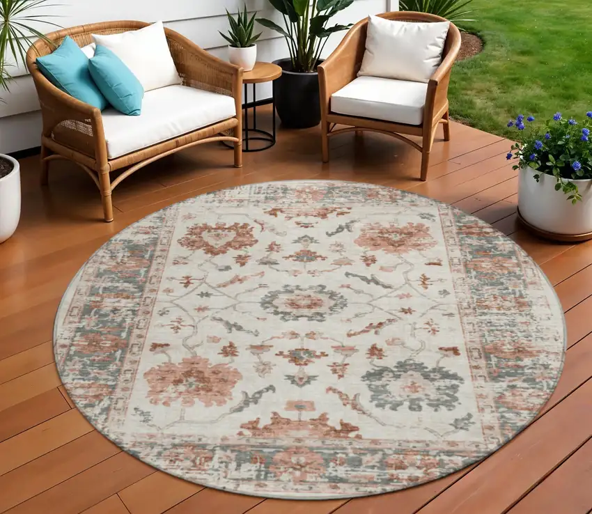 8' Linen And Ivory Round Floral Washable Indoor Outdoor Area Rug Photo 2