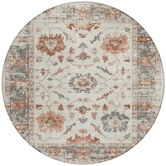 8' Linen And Ivory Round Floral Washable Indoor Outdoor Area Rug Photo 3