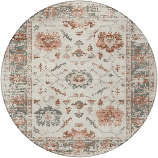8' Linen And Ivory Round Floral Washable Indoor Outdoor Area Rug Photo 4