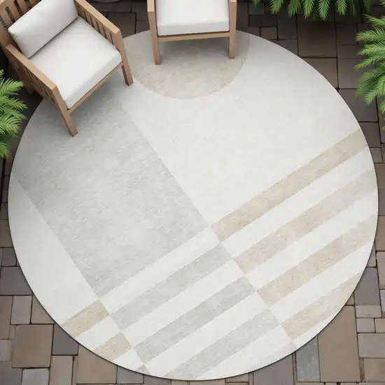8' Linen And Ivory Round Geometric Washable Indoor Outdoor Area Rug Photo 6