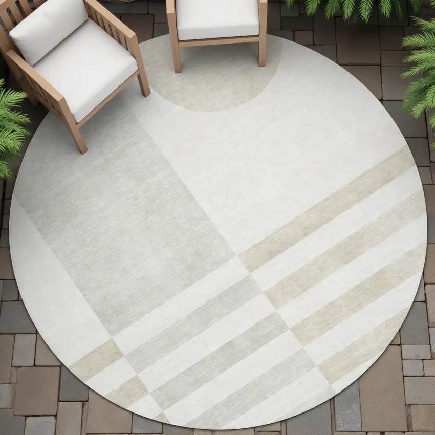 8' Linen And Ivory Round Geometric Washable Indoor Outdoor Area Rug Photo 6