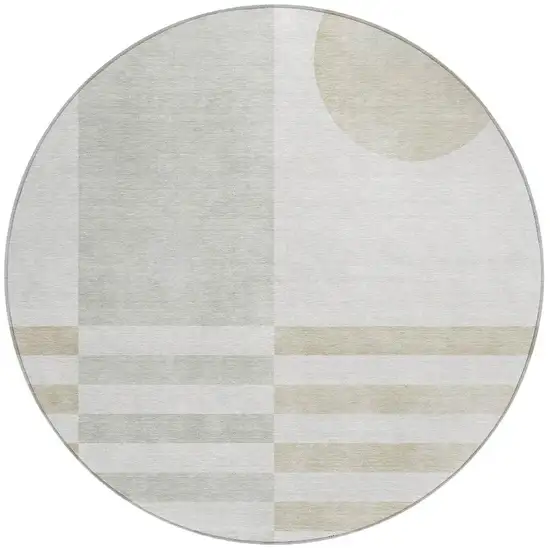 8' Linen And Ivory Round Geometric Washable Indoor Outdoor Area Rug Photo 3